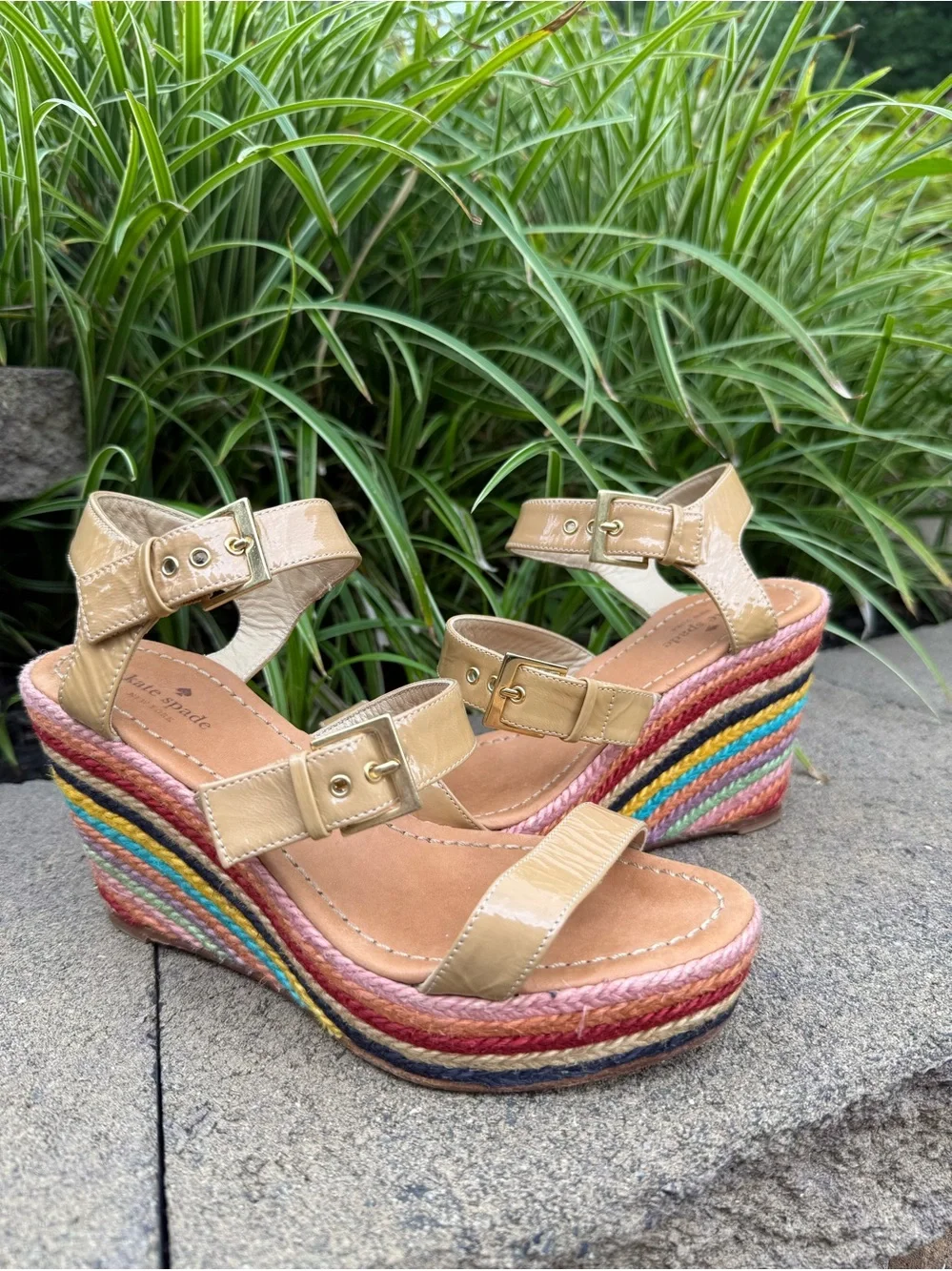 Kate spade Patent Leather Wedge Sandals with Rainbow Espadrille wedge Platform